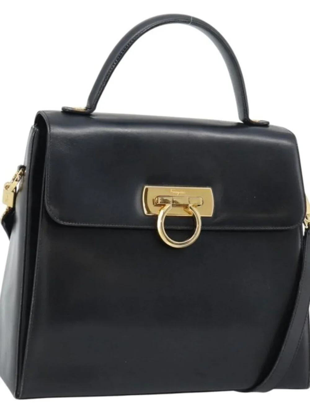 Salvatore Ferragamo Gancini Hand Bag Leather 2way Black Gold Auth 186374